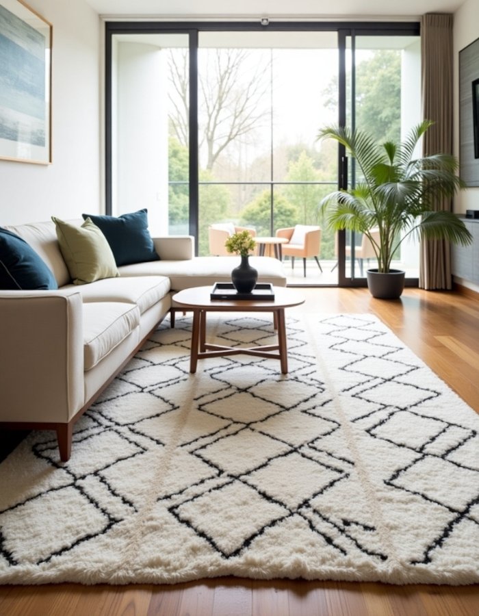 a living room with a couch, a coffee table and a rug